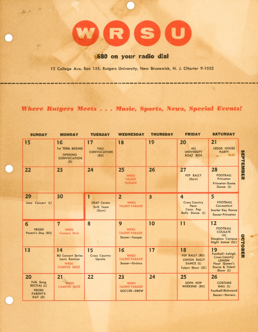 WRSU Promotional Calender for 1957 to 1958