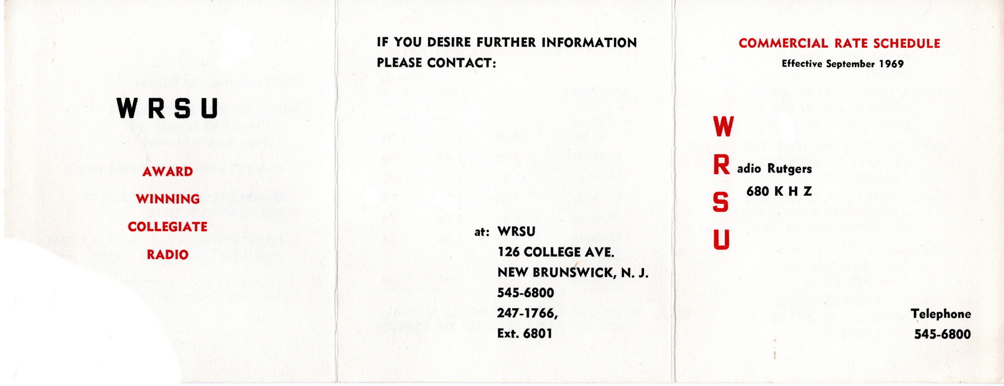 Miniature WRSU 1969 Rate Card - Front - Supplied by Mike Blishak