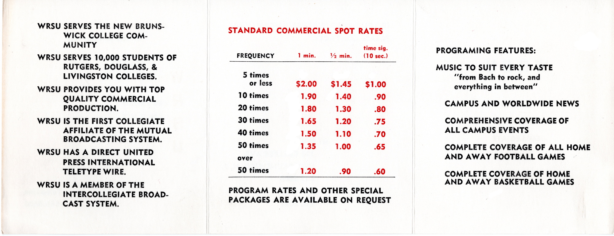 Miniature WRSU 1969 Rate Card - Back - Supplied by Mike Blishak