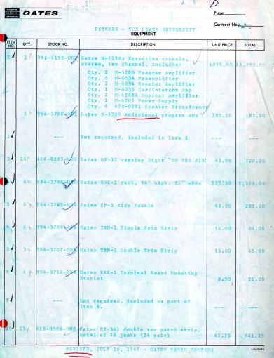 1969-The Purchase order from the NEW Rutgers Student Center AM Console. Then the AM control moved to the far room, this console became the Production Console.