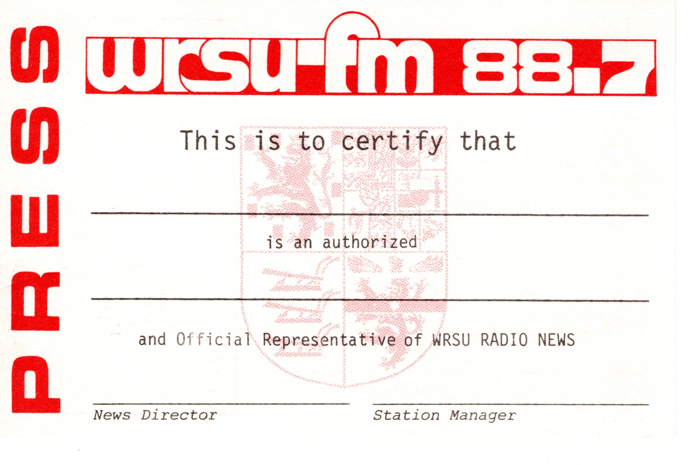 1978 Un-used WRSU Press Card - Front