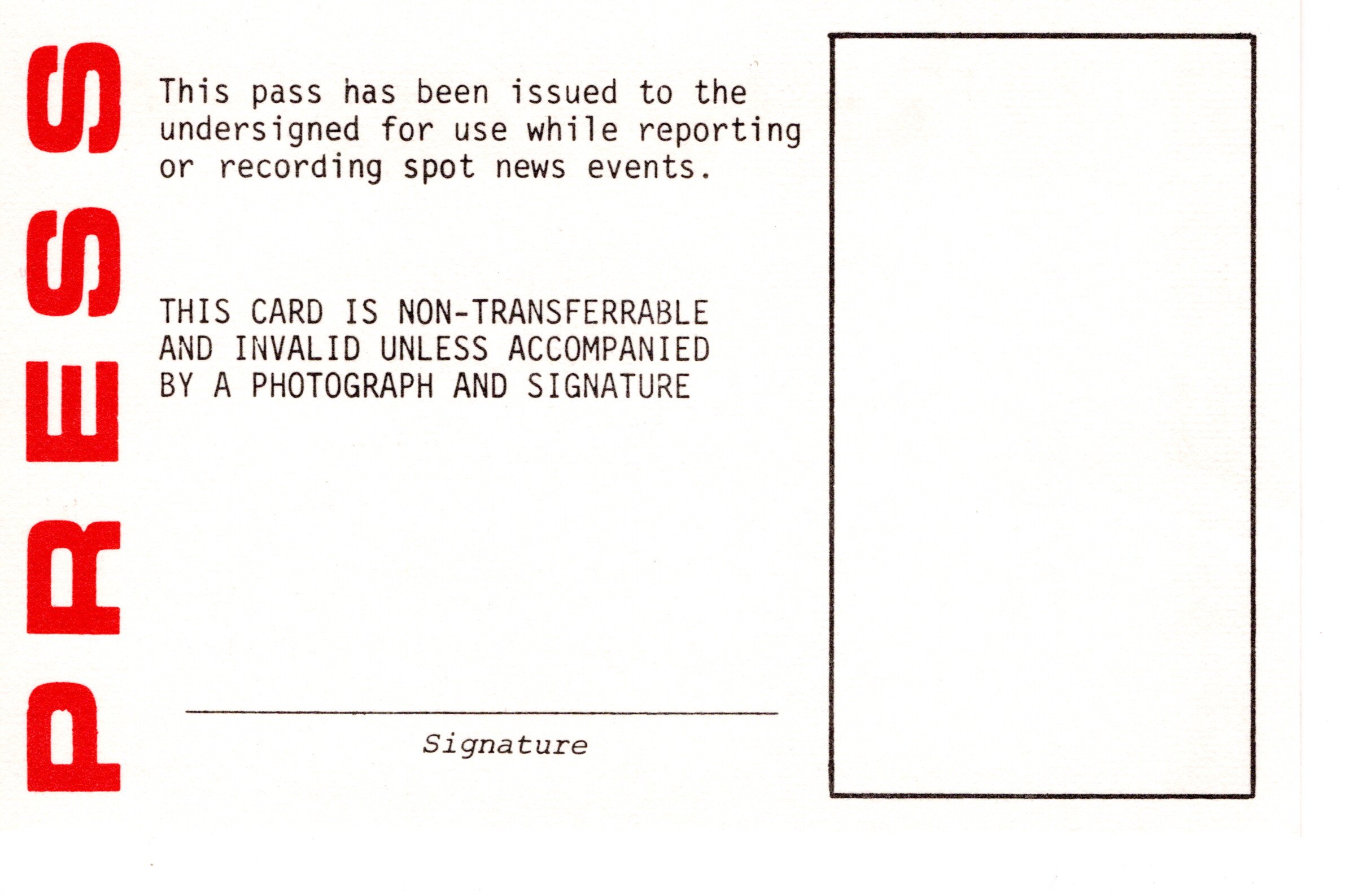 1978 Un-used WRSU Press Card - Back