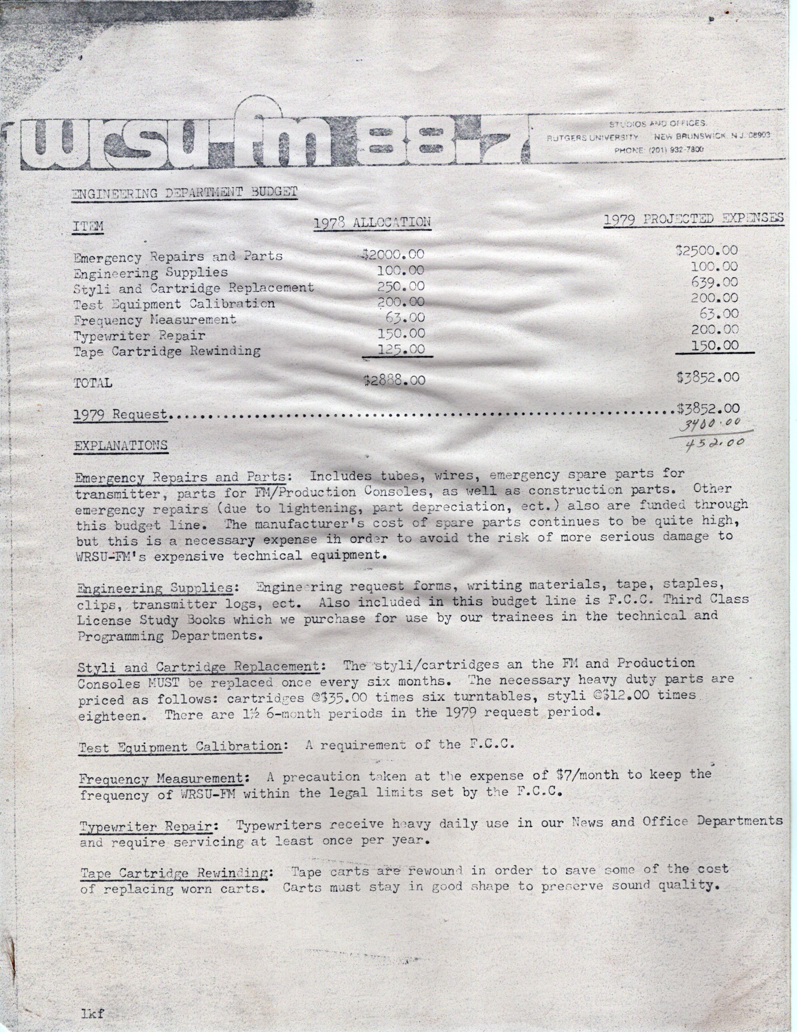 WRSU Budget 1979 - 2