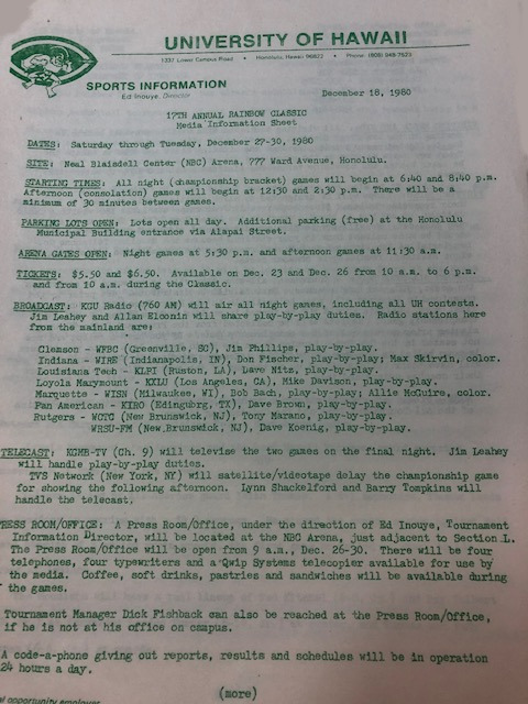 December 28 1980 - Rainbow Classic - Media information Sheet</br>Donated by Dave Koenig