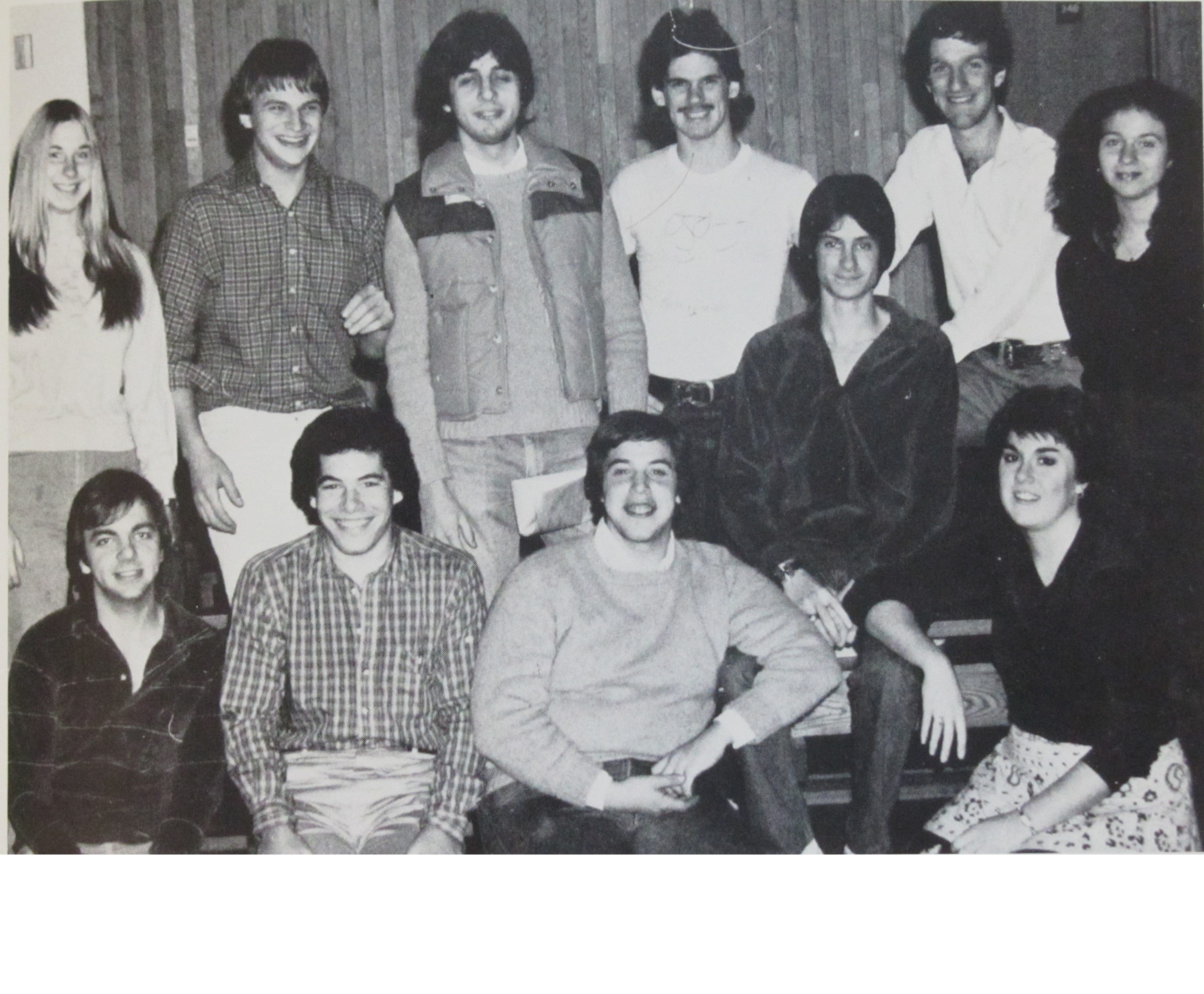 1982 - Left to Right:Sherry Schweighardt, Steve Maffie, Unknown, Tim Jackson, Unknown, Jim Berman, Judiaka Illis Steve Carter, Unknown, Jon Newman, Rose Mahoney