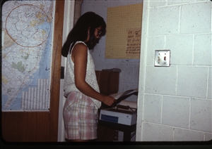 1987 WRSU Orientation Slide Show<br/>Ellie Yung and the AP Dot Martix Printer<br>Slide #1_1
