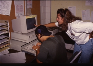 1987 WRSU Orientation Slide Show<br/>The ONLY news room Computer<br>Unknown, Shannon Sohn<br/>Slide #07