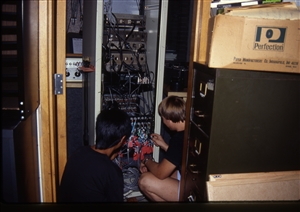 1987 WRSU Orientation Slide Show<br/>News Production Patch Rack<br>This was right after the News Pro Rebuild - Denis Sun, Greg Nelson<br>Slide #40
