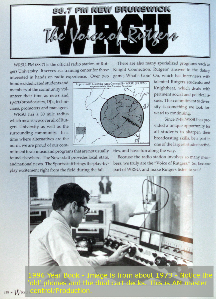 WRSU in the 1996 Yearbook - The picture on the bottom is from the EARLY seventies. Not 1996. Note the dual cart racks.