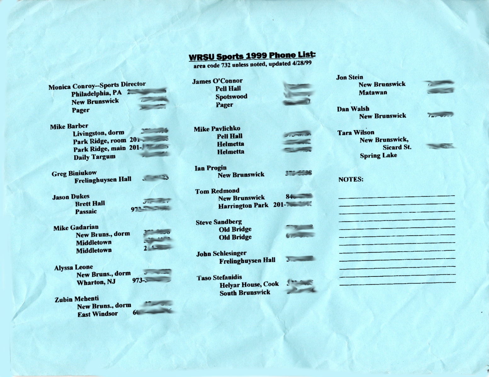 1999 Sports Summer Phone List