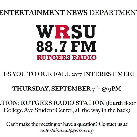 	Also dont forget to come visit WRSUs table at the Involvement Fair tomorrow, and General Interest Meeting this Wednesday! wrsu entertainment entertainmentnews radio collegeradio rutgers rutgersradio		September 3, 2017	   	18	