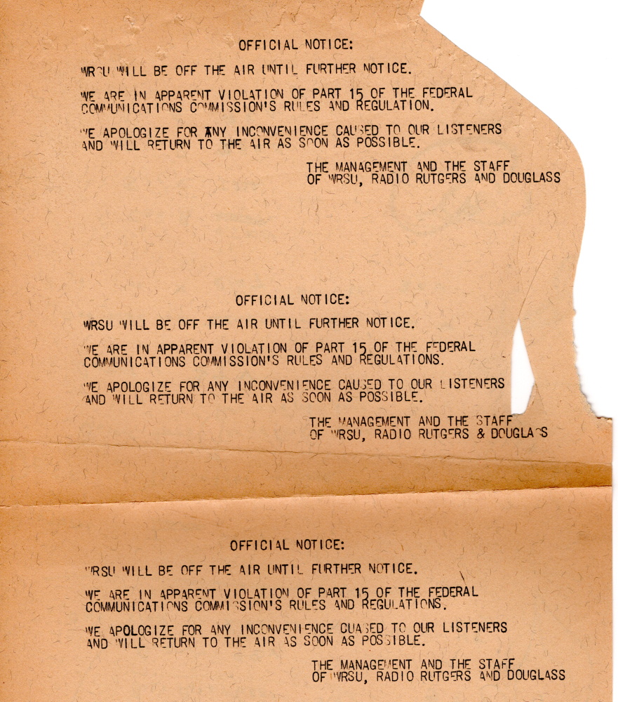 1966-The Official Announcement when WRSU-AM was shutdown by the FCC.