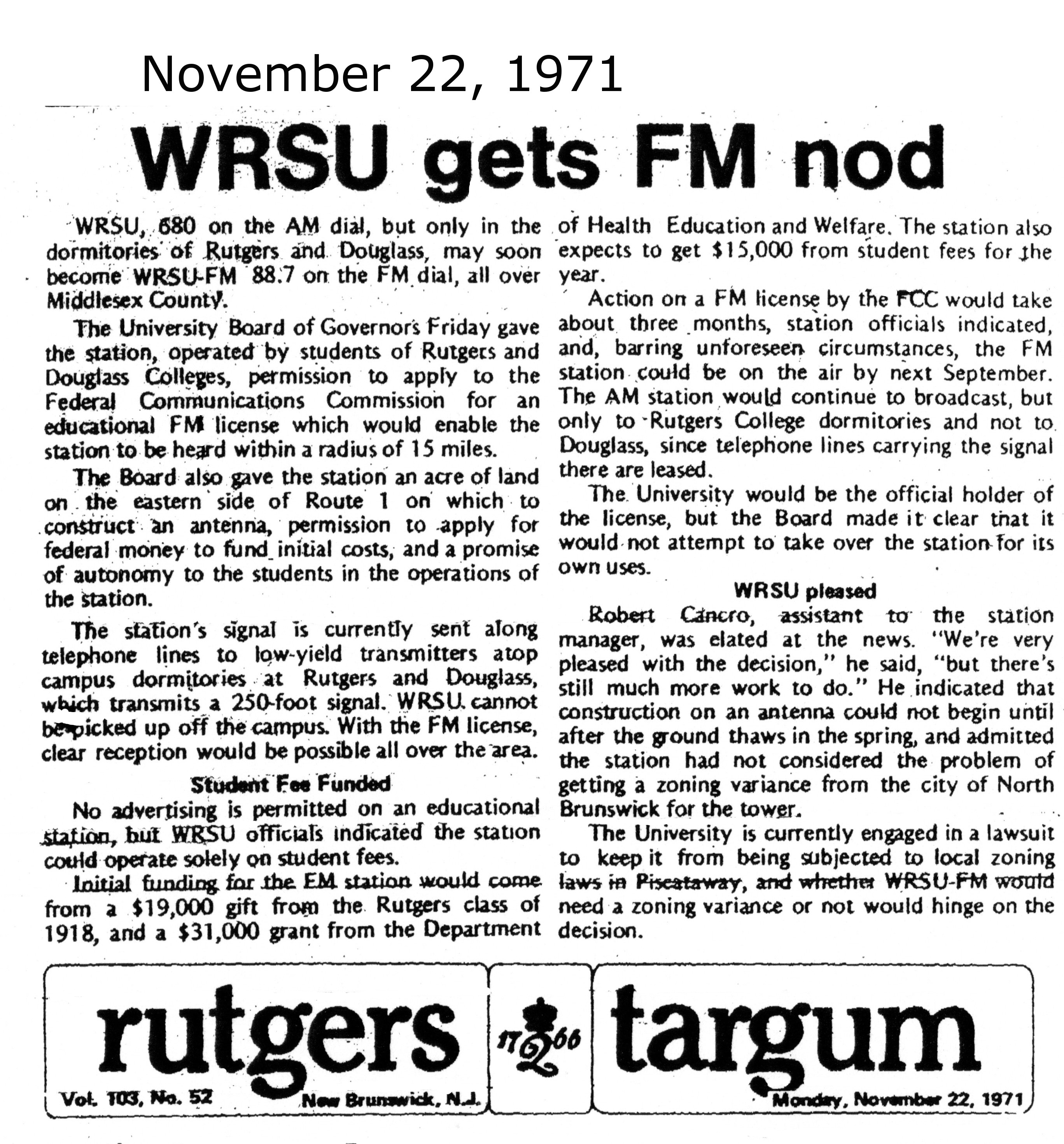 1971 - WRSU FM gets approval
