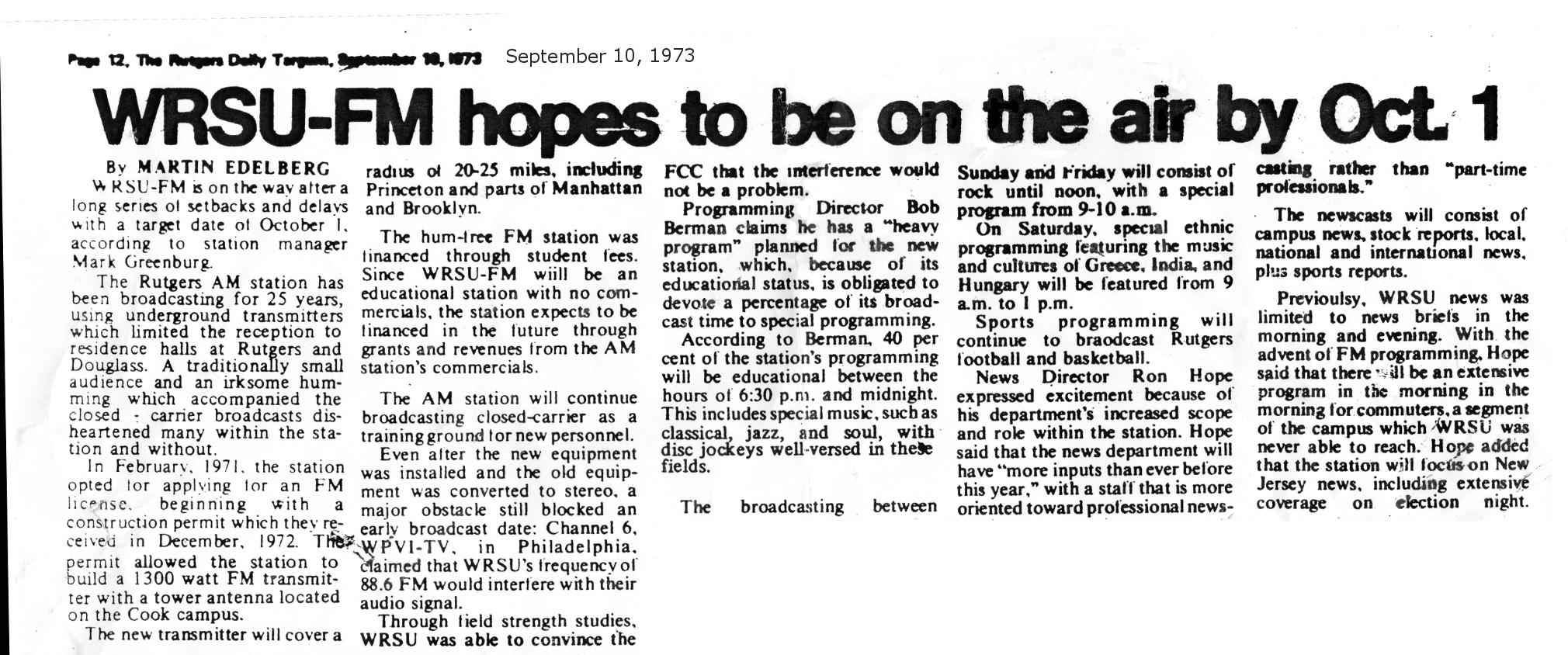 1973 - WRSU keeps working on FM