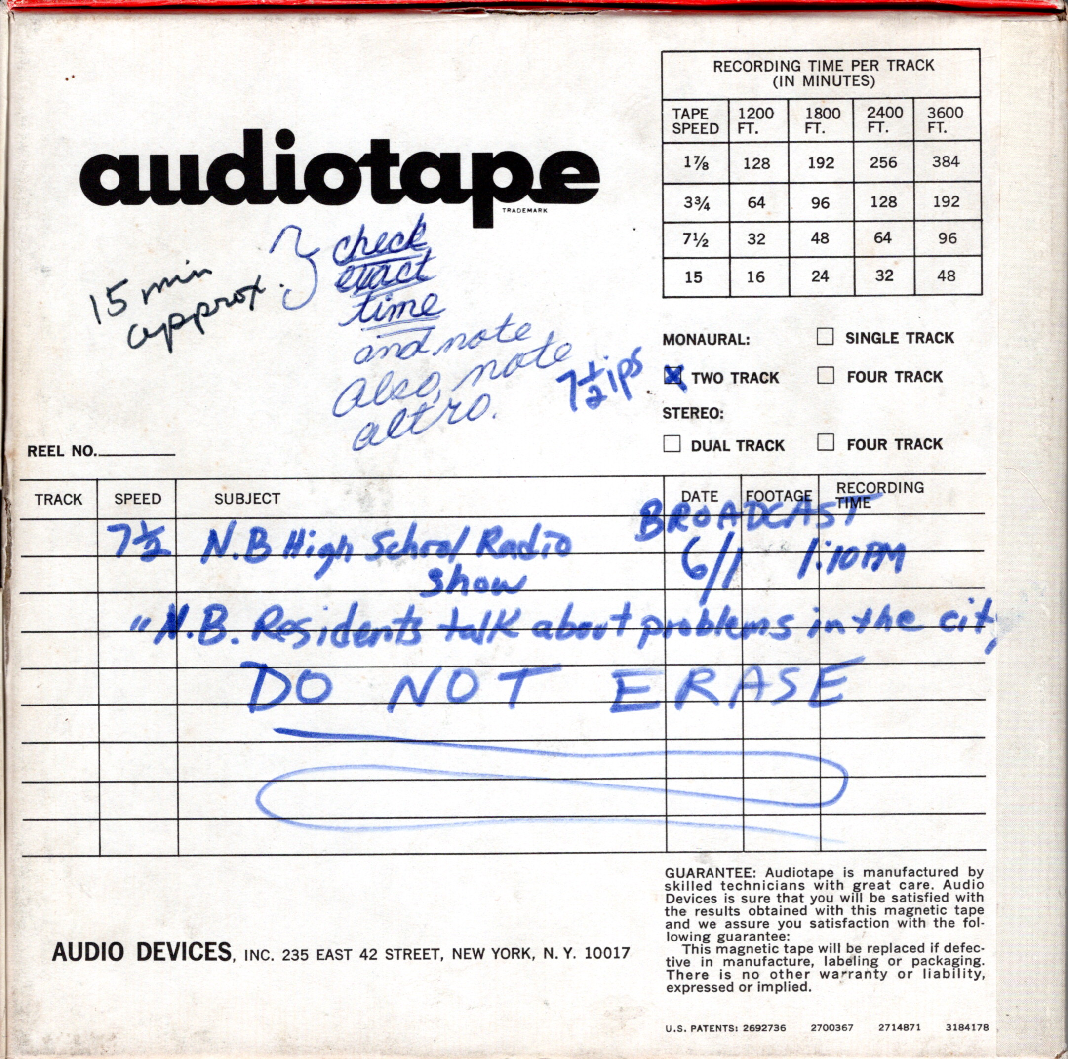 New Brunswick High School Program - Broadcast by WRSU-FM - June 1 1974<br/>Back  - Audio Available Under Sounds 1973