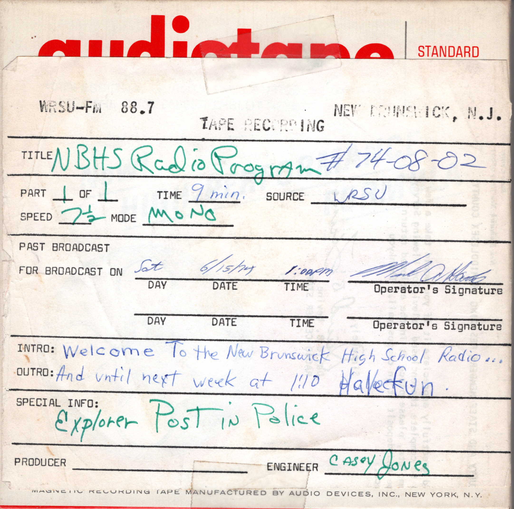 New Brunswick High School Program - Broadcast by WRSU-FM - June 15 1974