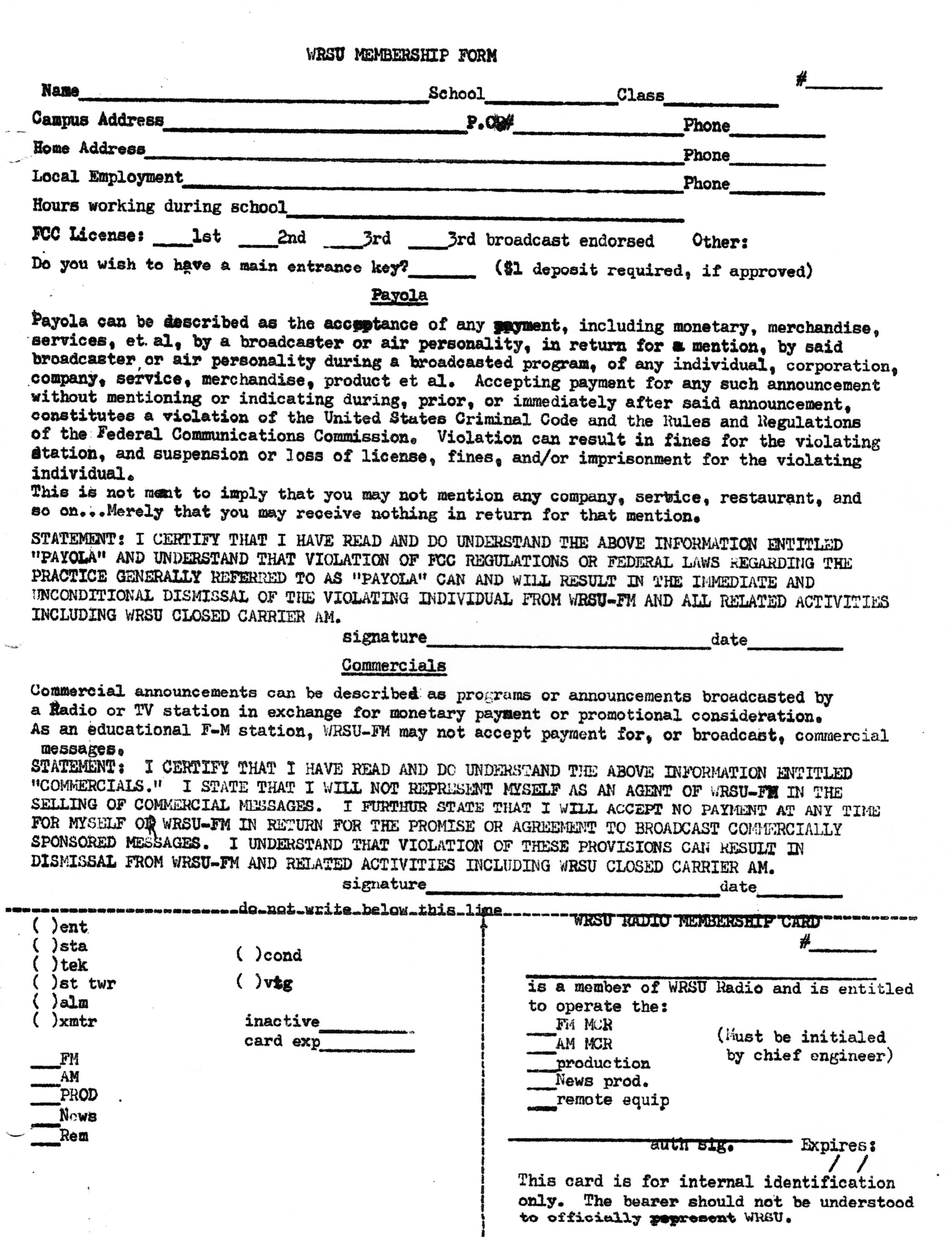 WRSU was very serious about Payola and FM rules. This comes from all the hoops that were jumped to set the FM License. - Donated by Michael Blishak 78