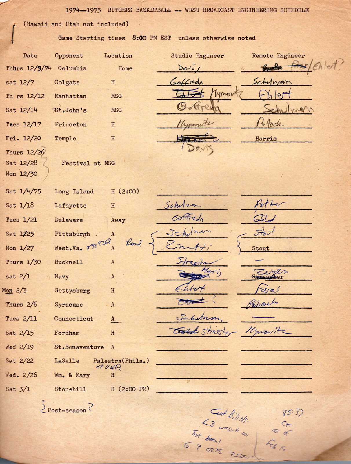 1974-75 Basketball Schedule and the covering staff.