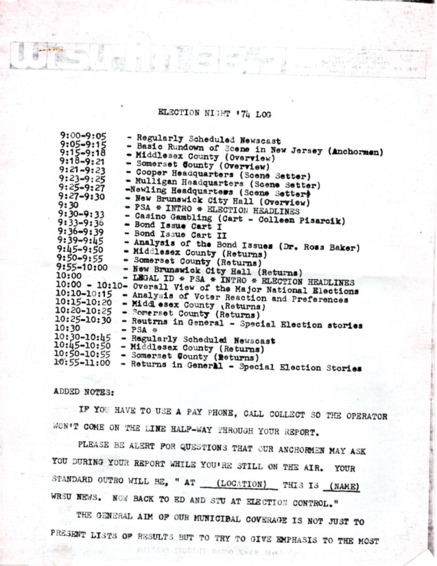 1974 - Election Night Schedule<br/>WRSU had a huge news department - News at Noon, 5 pm and a full half hour at 10:30 pm