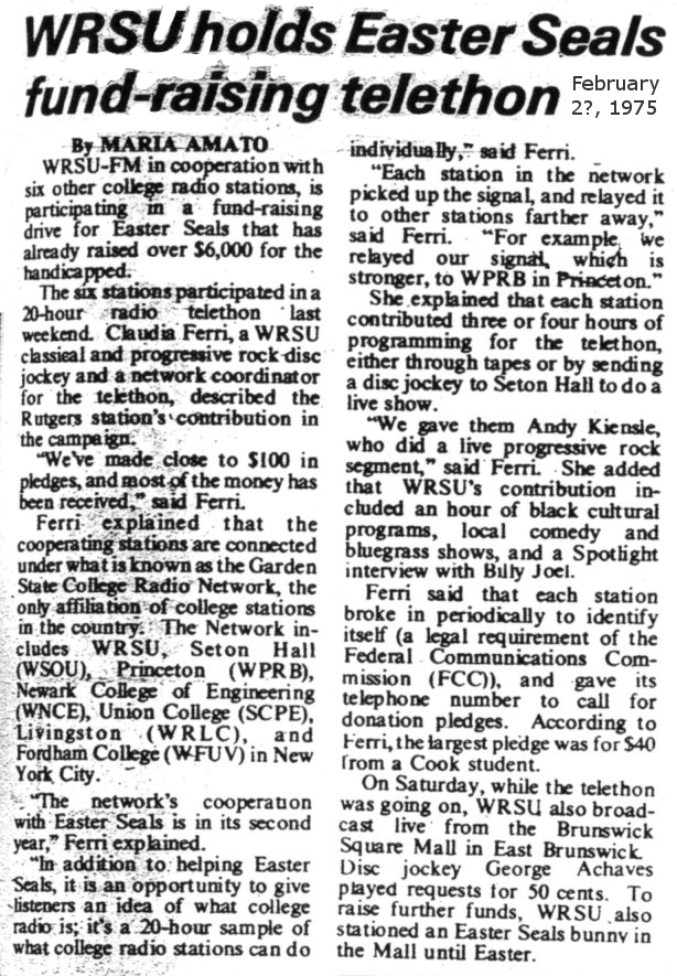 1975 WRSU was part of a state wide network to raise money for Easter Seals