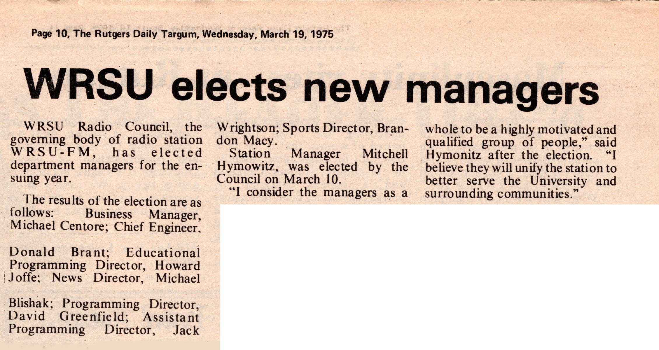 1975 - New Managers as posted in the Targum