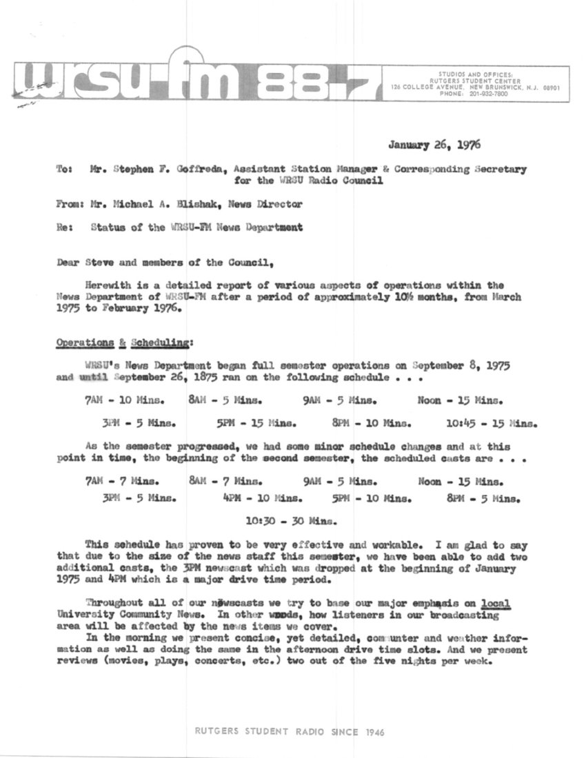 1976 WRSU schedule. Things did get done when there was only paper.