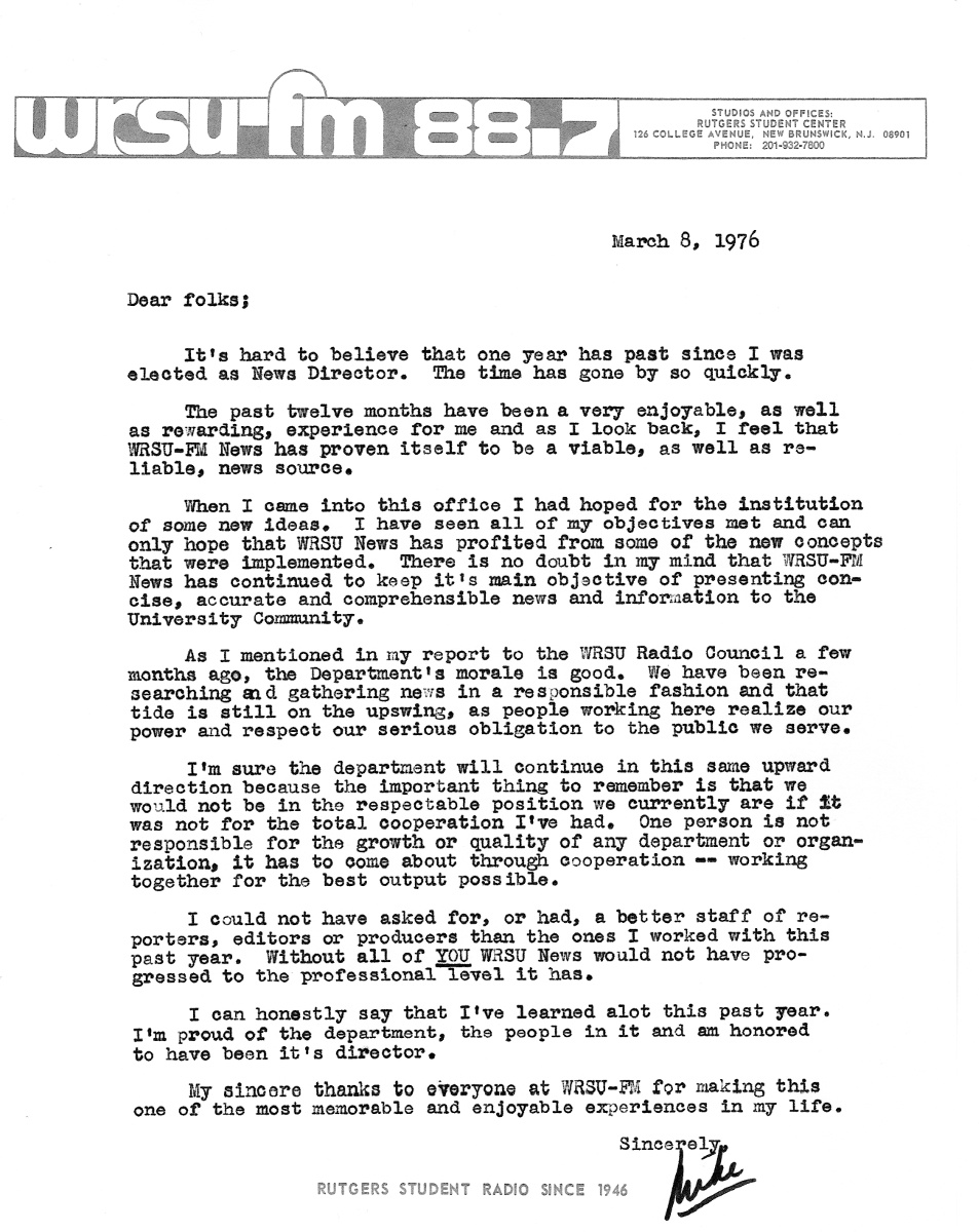 1976 Mike Blishak goodbye to the News Staff.