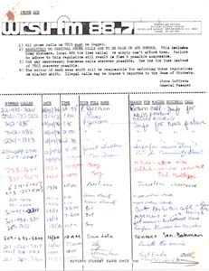 1976 WRSU Phones bills were out of this world. They were 'free' phones, in a age when calls were expensive. WRSU tried to keep the bills down. Phone Logs really did not work.