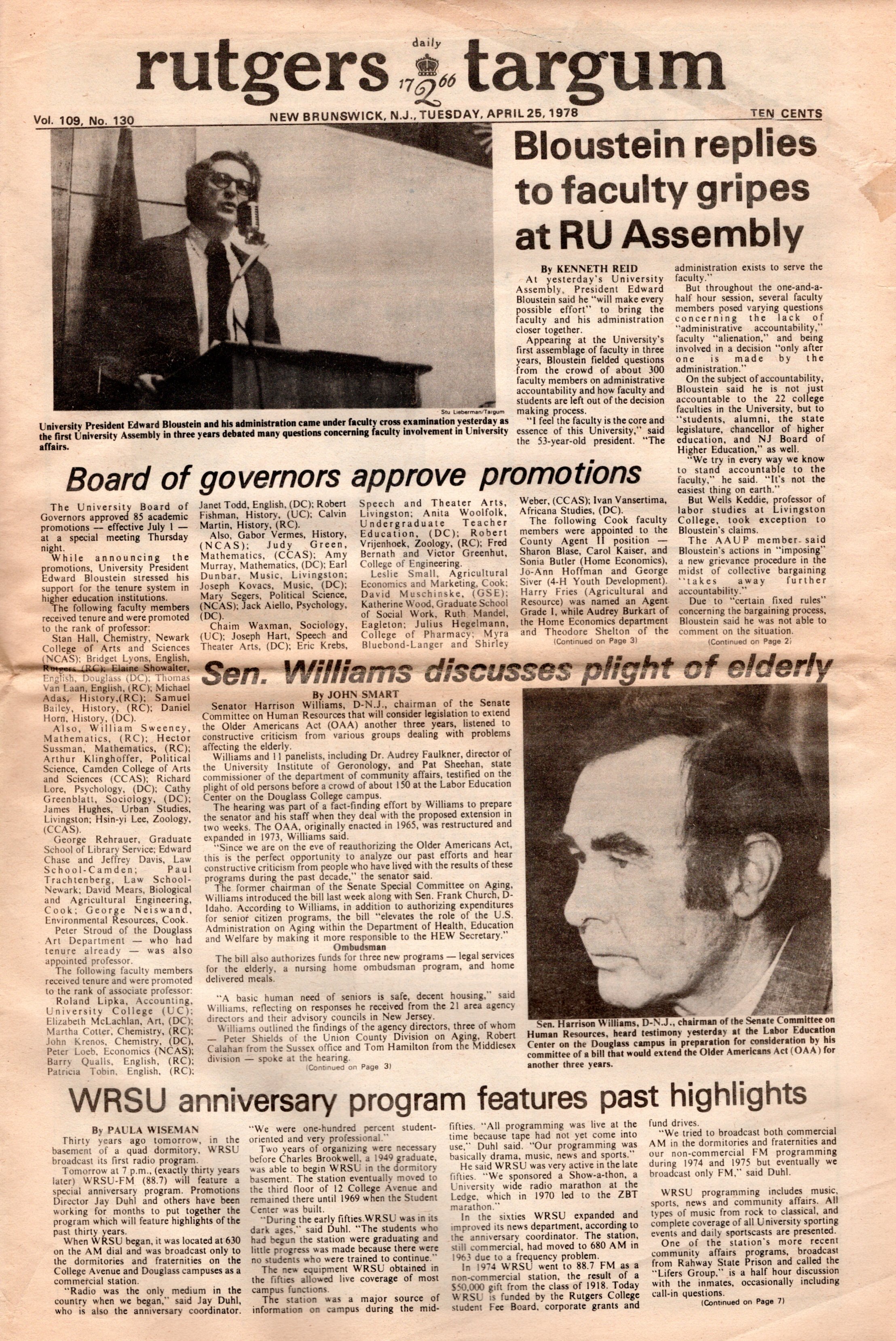 Targum - April 25 1978 <br/>Press Notice: WRSU 30 Year Anniversary - Page 1<br/>Next Image is a close up.