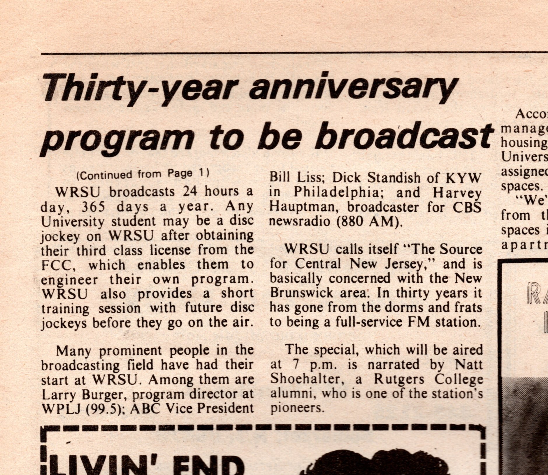 Targum - April 25 1978 <br/>Press Notice: WRSU 30 Year Anniversary - Page 7