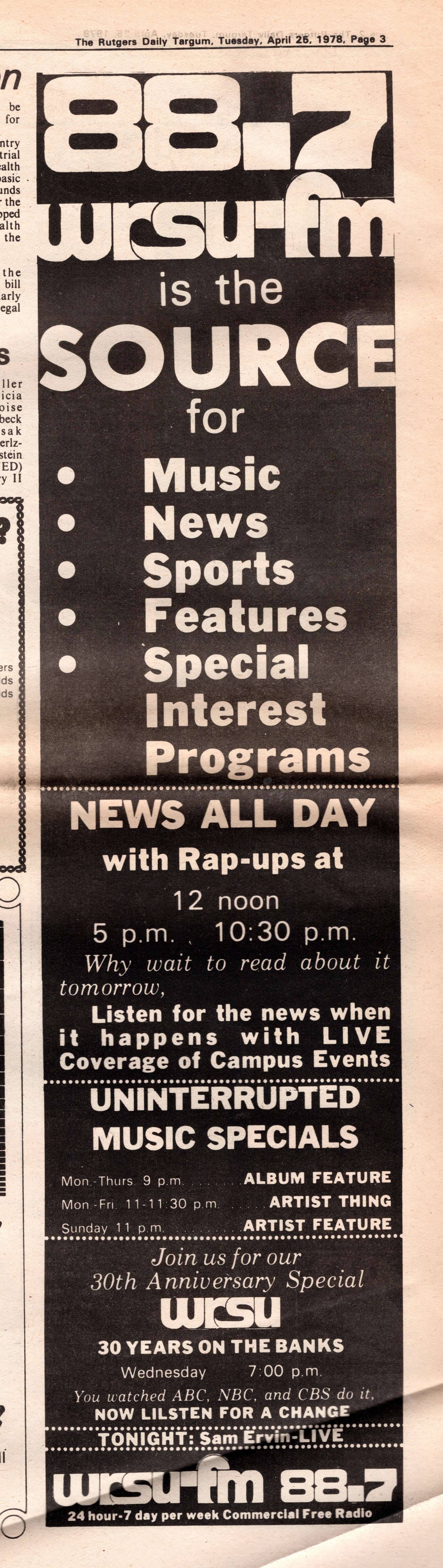 Targum - April 25 1978 <br/>Press Notice: WRSU 30 Year Anniversary