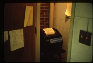 1978 WRSU Orientation Slide Show<br/>The Clanking AP Machine - in the closet with reams of yellow paper<br>Slide #23
