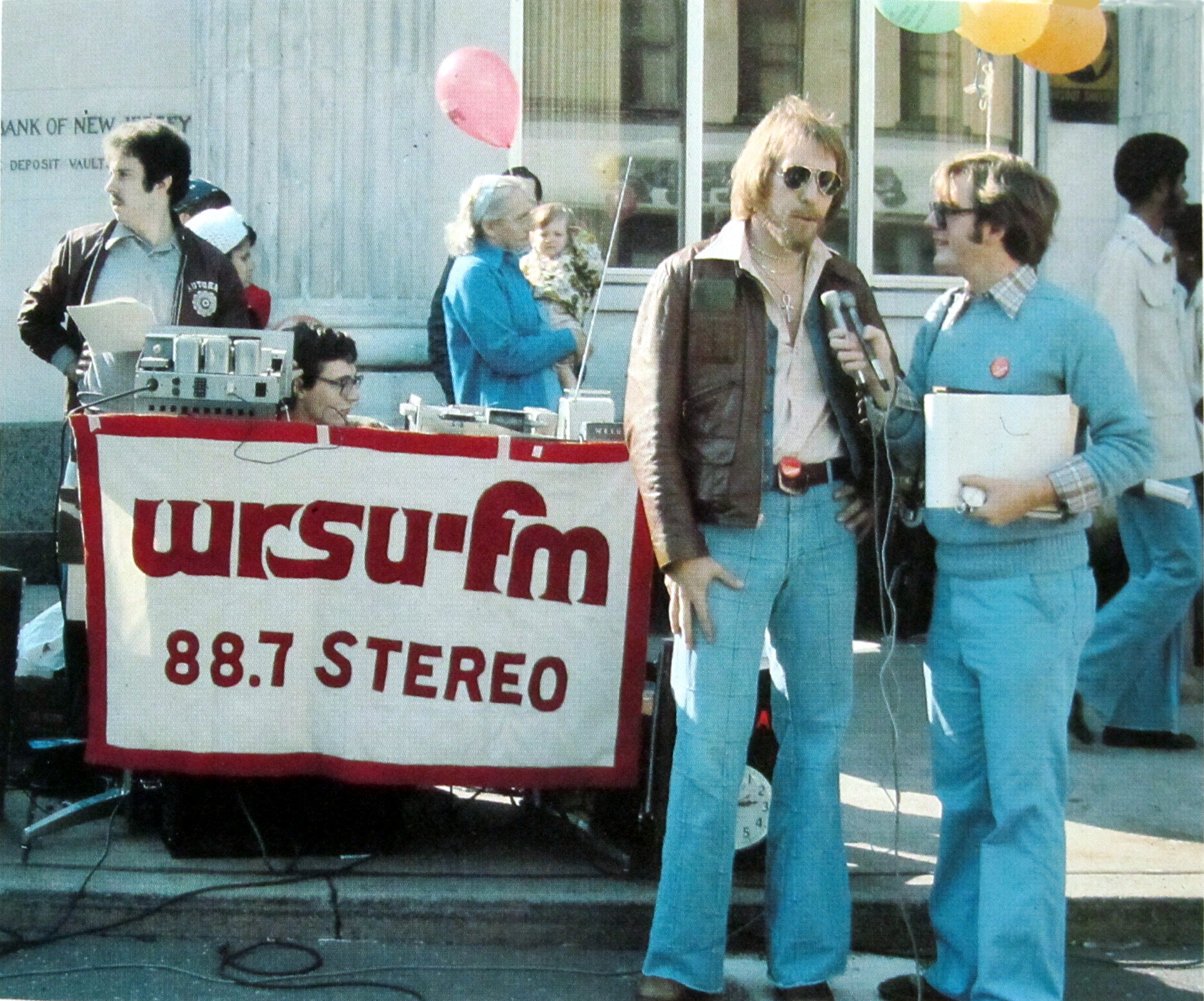 1978 - Live From George Street. Left: Jay Duhl, Dan Schleck on the board, Mike Blishak doing the interview. Our Felt Banner.