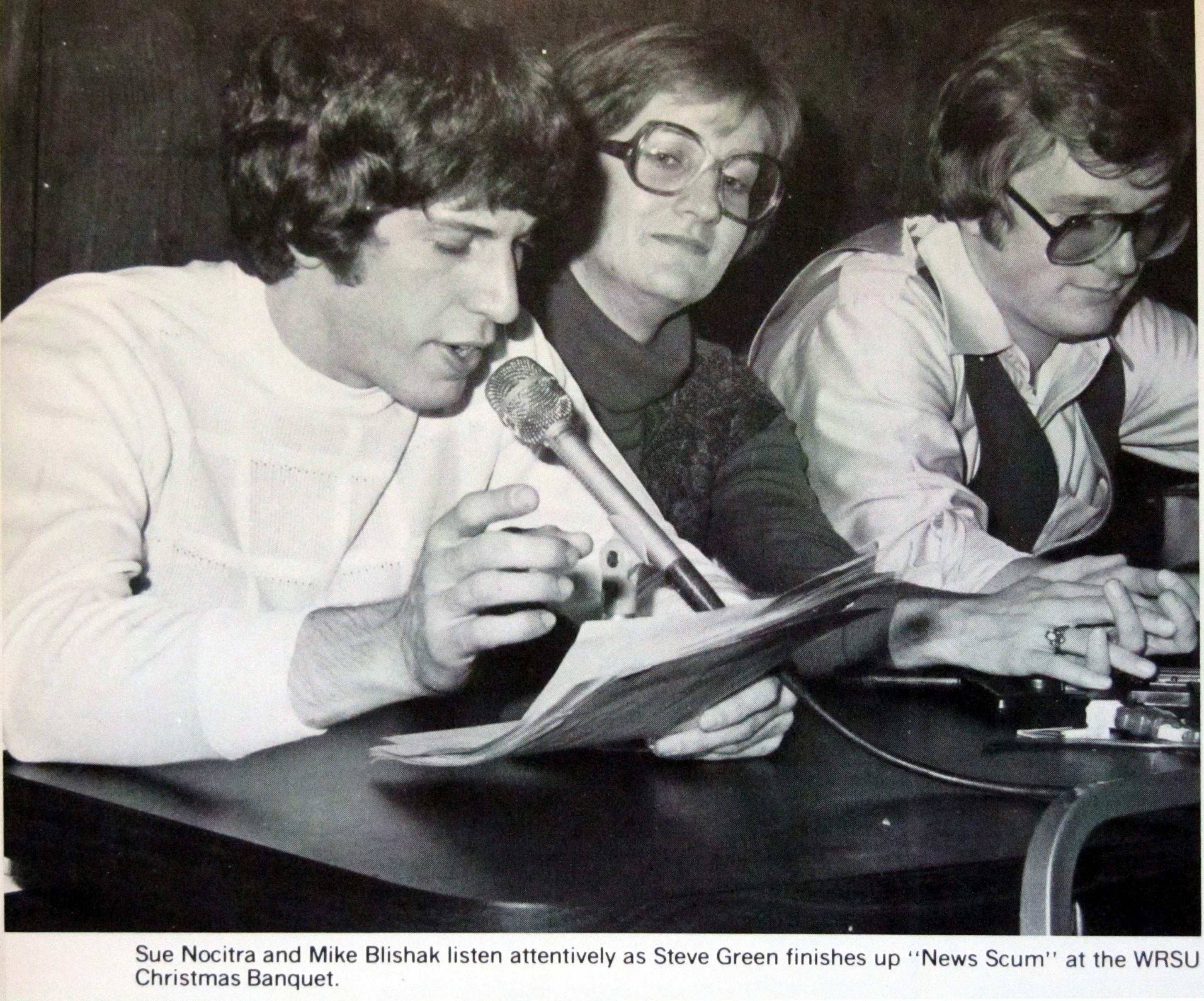 1978 - L to R: Steve Greene, Sue Nocitra, Mike Blishak at the WRSU Christmas party.