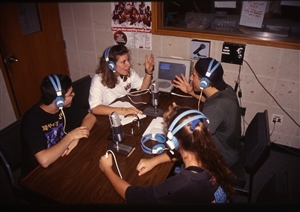 1987 WRSU Orientation Slide Show<br/>Production Team in Studio A<br>Slide #24