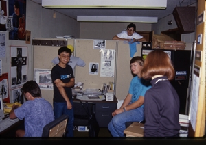 1987 WRSU Orientation Slide Show<br/>Hanging out in Studio A<br>Unknown, Denis Sun,Unknown, Greg Nelson, Unknown<br>Slide #30