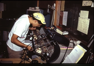 1987 WRSU Orientation Slide Show<br/>Calibrating the FM Console<br>Ed Wong<br>Slide #36