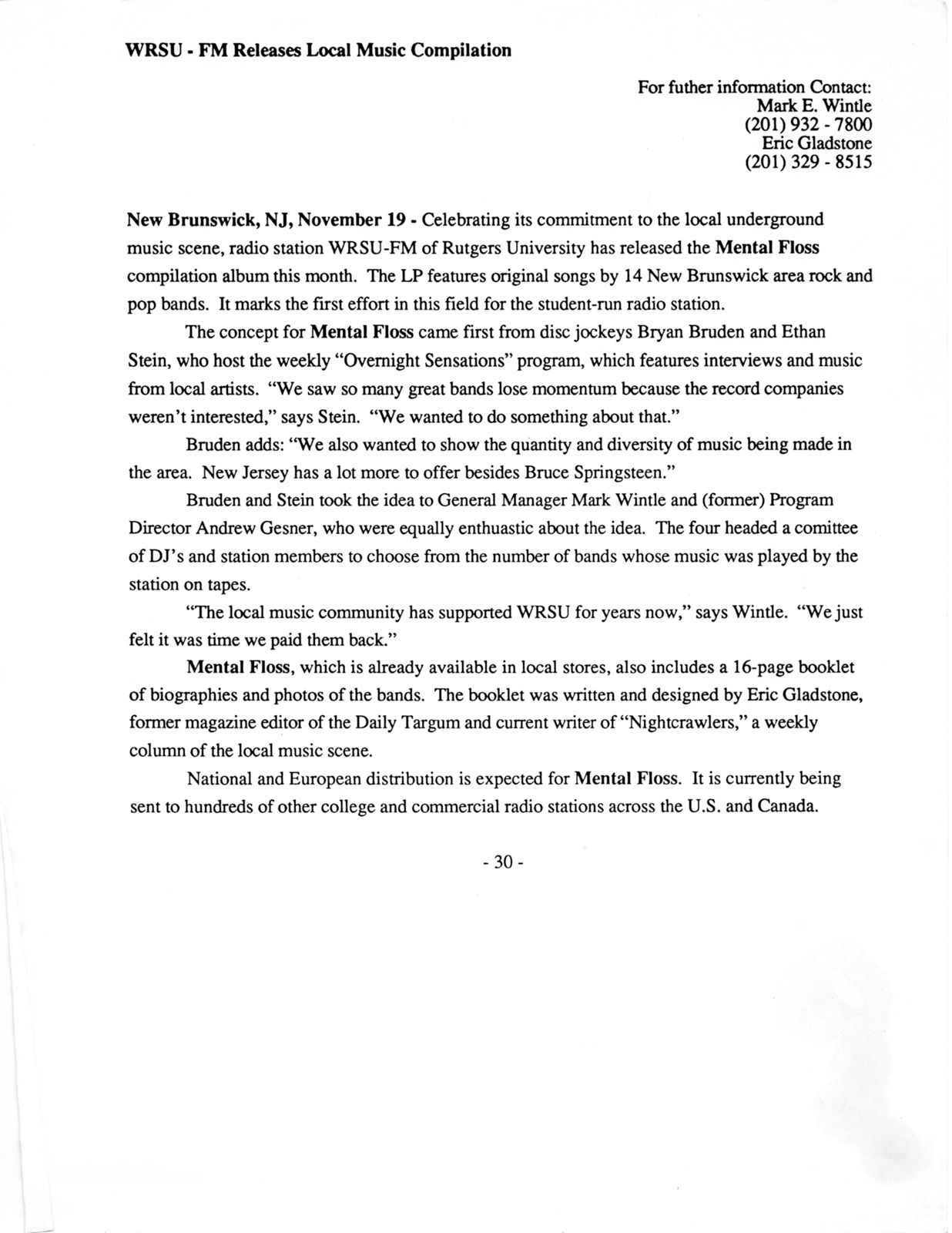 1987 - Mental Floss Record - Press Release by Mark Wintle and Eric Gladstone