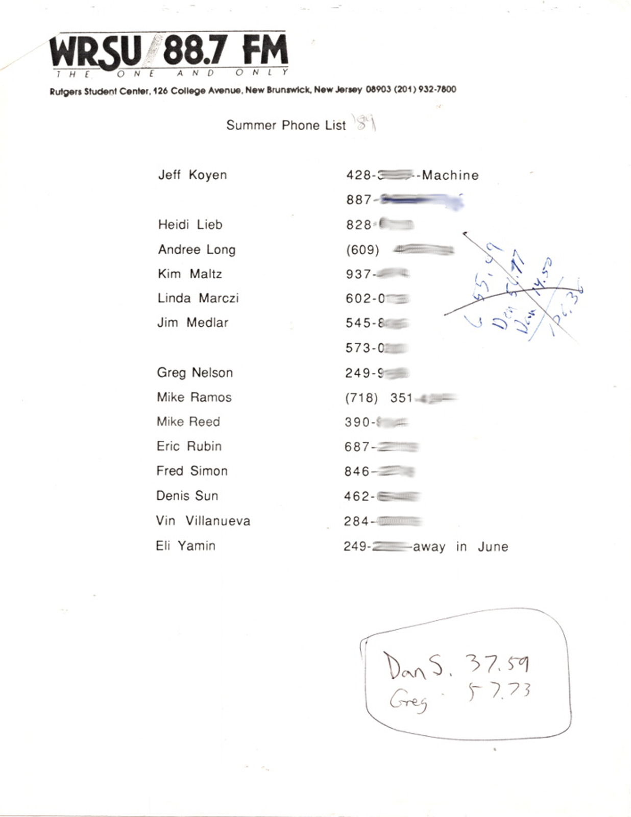 1989 - Summer Phone List