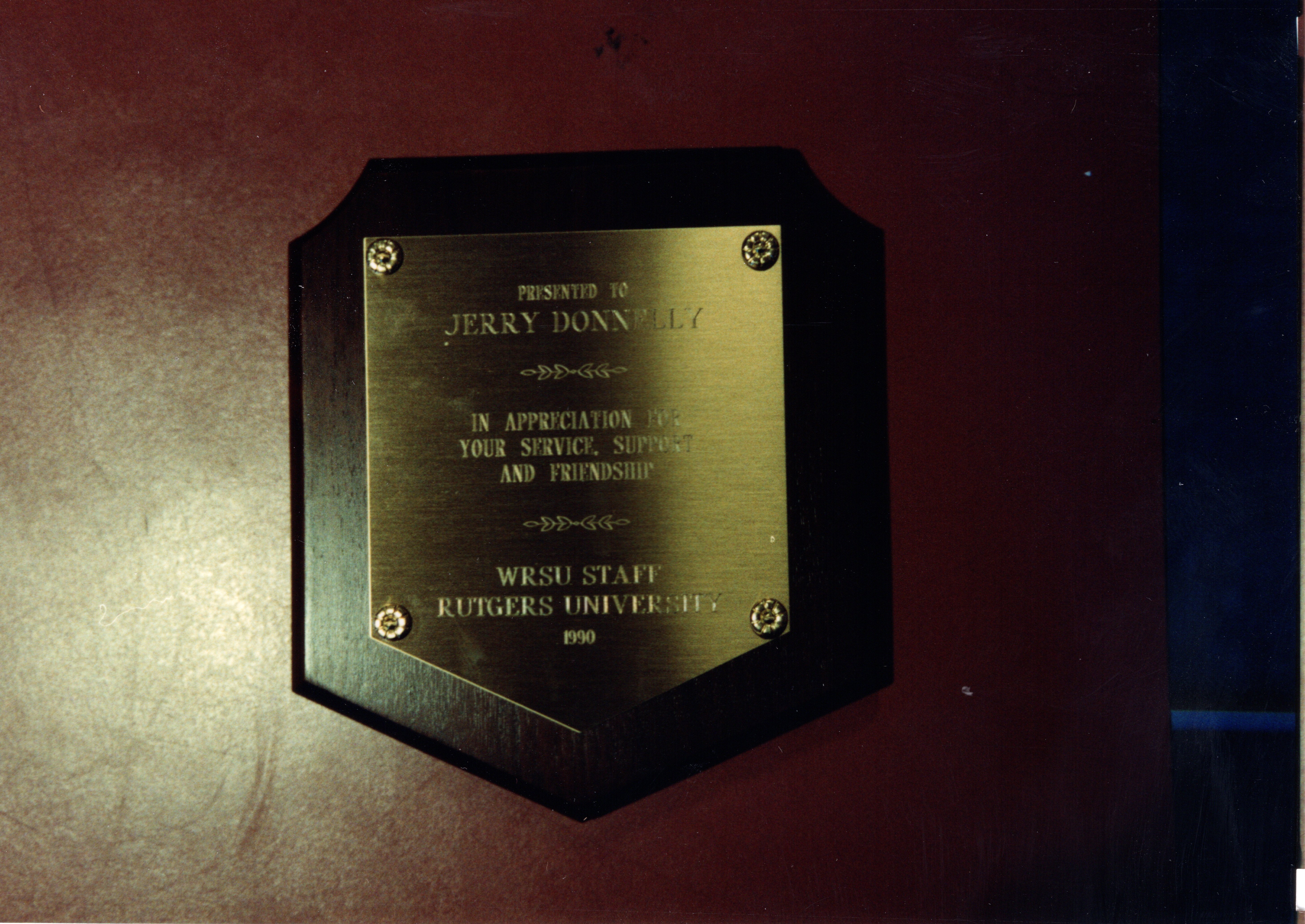 1990 Broadcast Administrator - Jerry Donnelly Leaves - Plaque