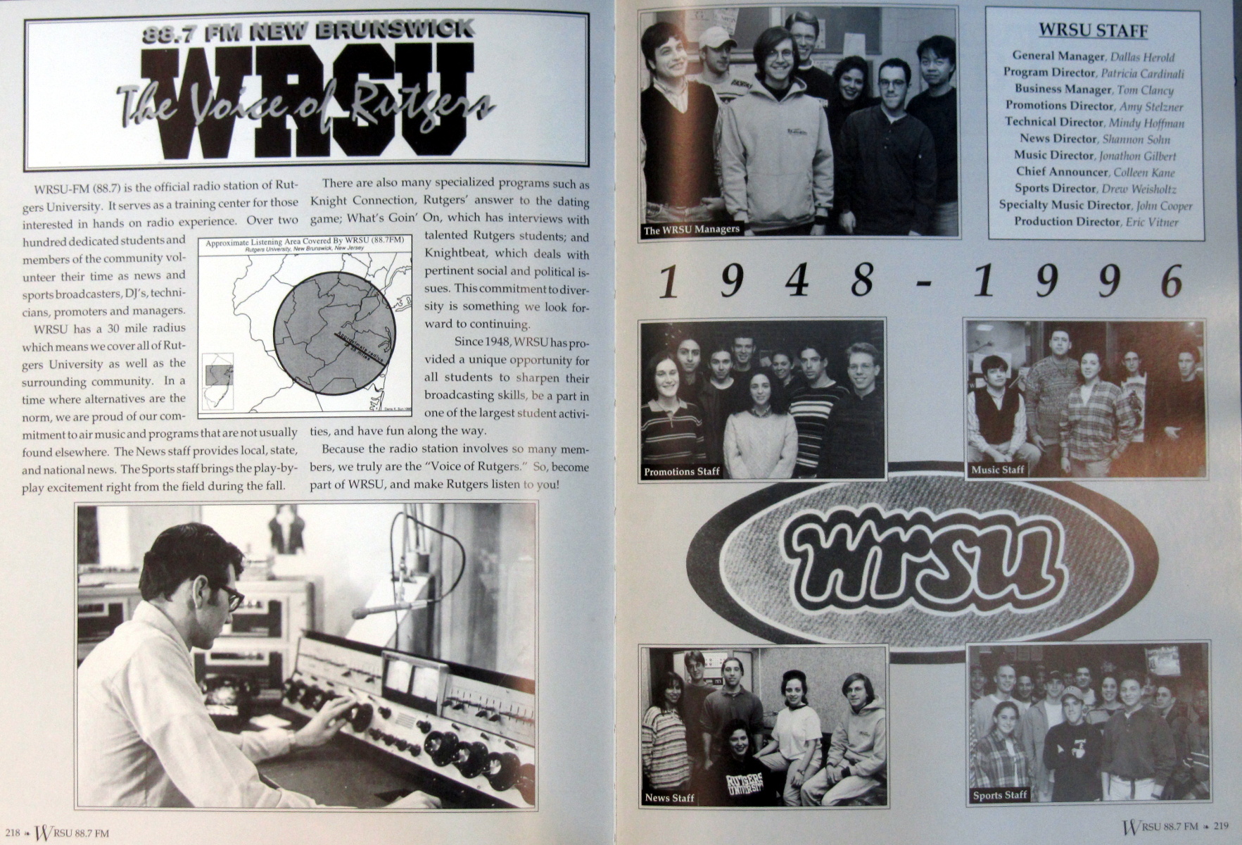 WRSU in the 1996 Yearbook - The picture on the left bottom is from the EARLY seventies. Not 1996. Note the dual cart racks.