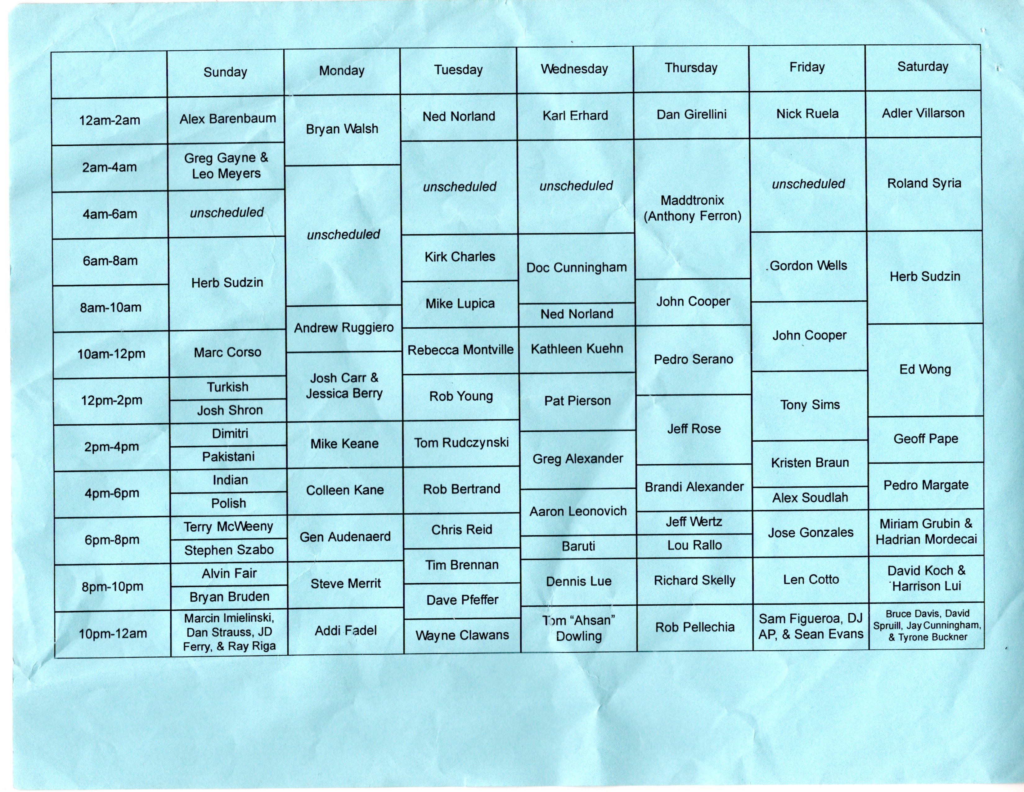 1999 Summer Schedule