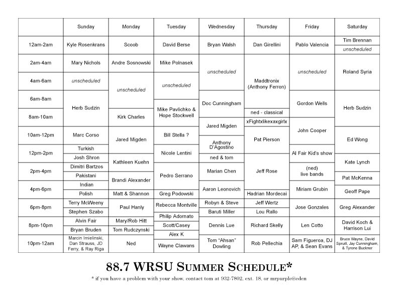 2001 - Summer Schedule