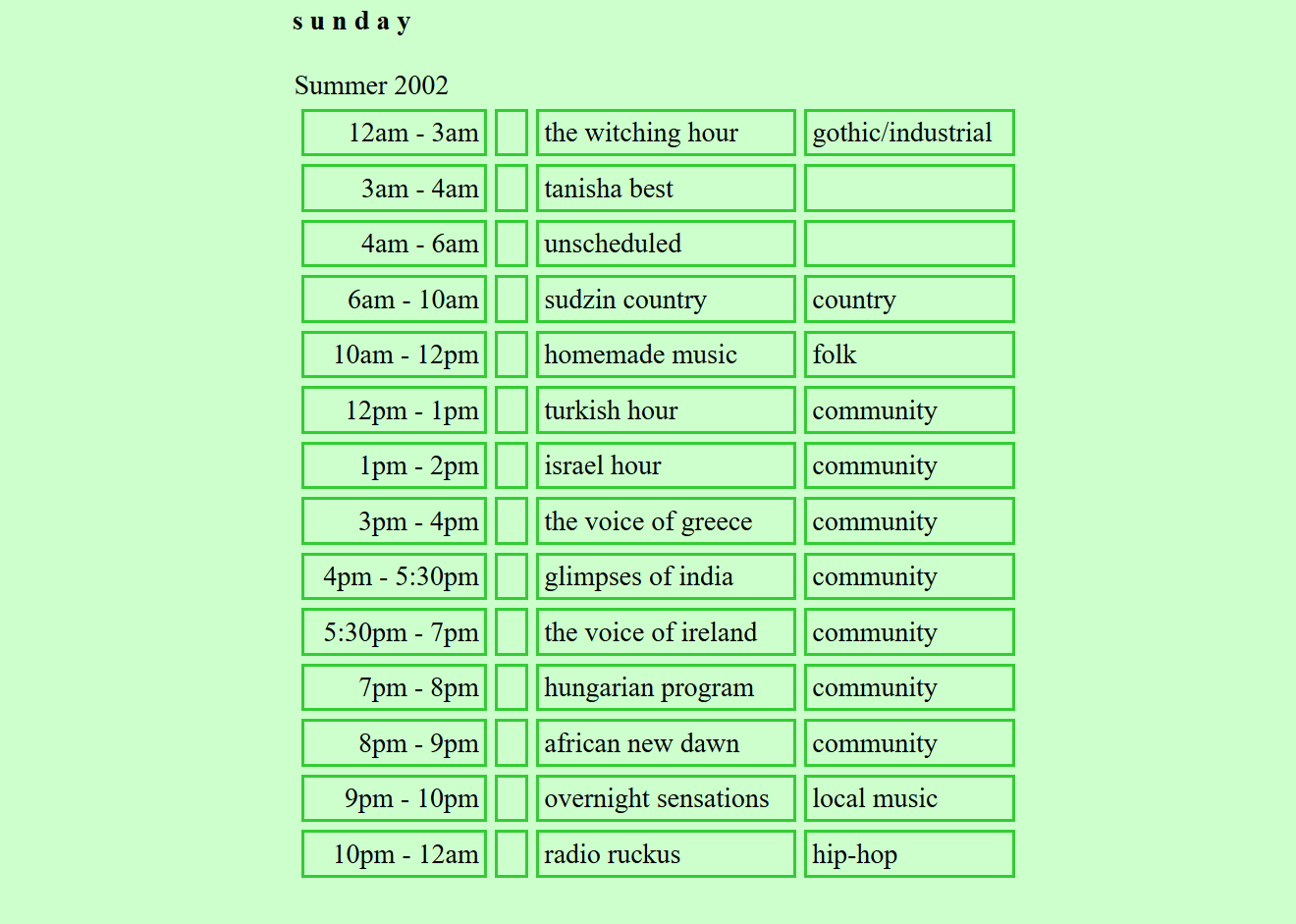 2002 Summer Schedule Sunday