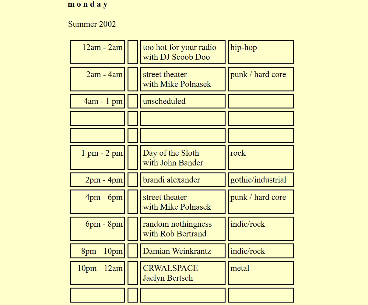 2002 Summer Schedule Monday