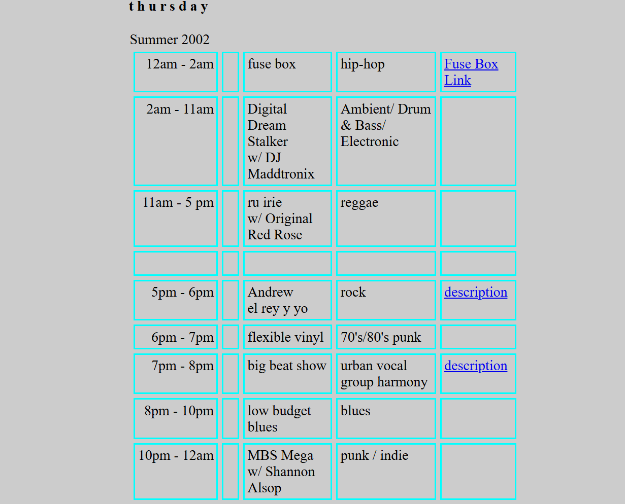 2002 Summer Schedule Thursday