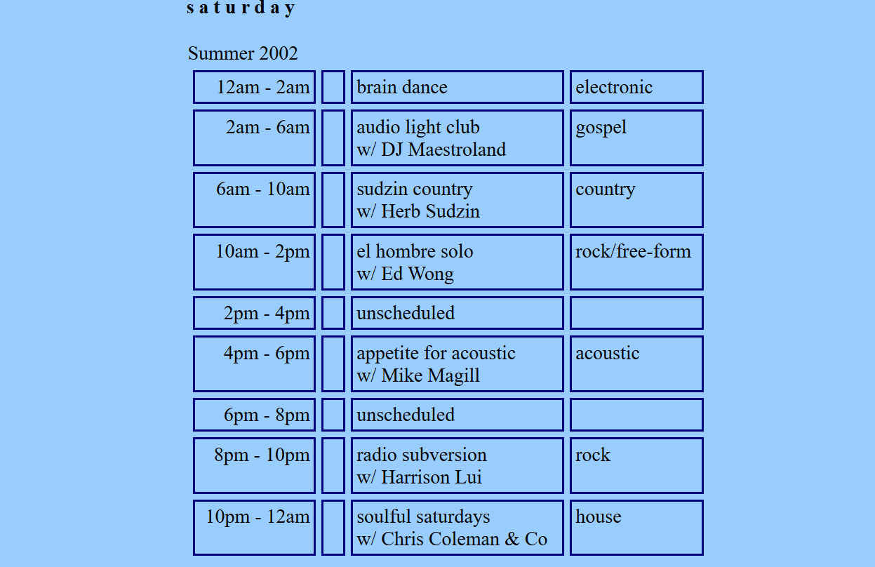 2002 Summer Schedule Saturday
