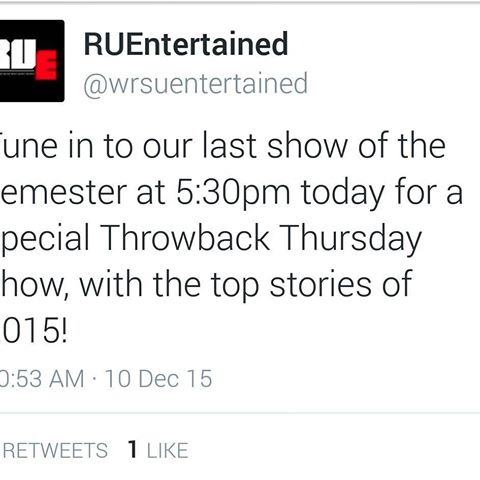 	Oh no! Todays the last show. Well be taking a mid-season break, but dont despair, well return in January to kick off the new year! entertainmentnews Rutgersradio		December 10, 2015