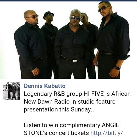 	Im going LIVE TONIGHT 8p-9p WRSU 88.7FM African New Dawn with legendary Platinum Recording group Hi-Five Call in to the studio at 732.932.8800 Also call in to win ANGIE STONE tickets as well as tickets for MAKOSSA GANG concert tickets		August 21, 2016	   	15	