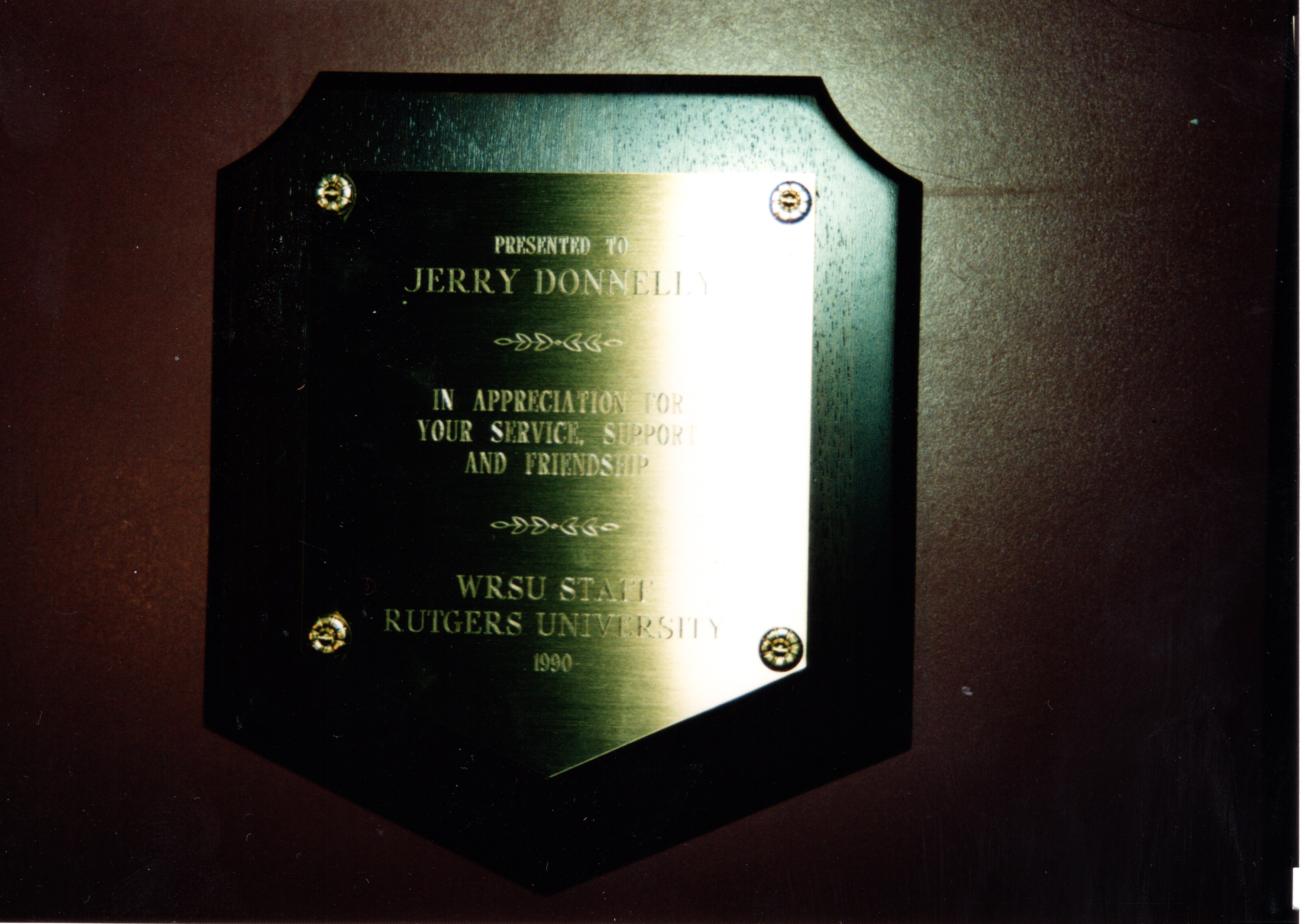 1990 Broadcast Administrator - Jerry Donnelly Leaves - Plaque